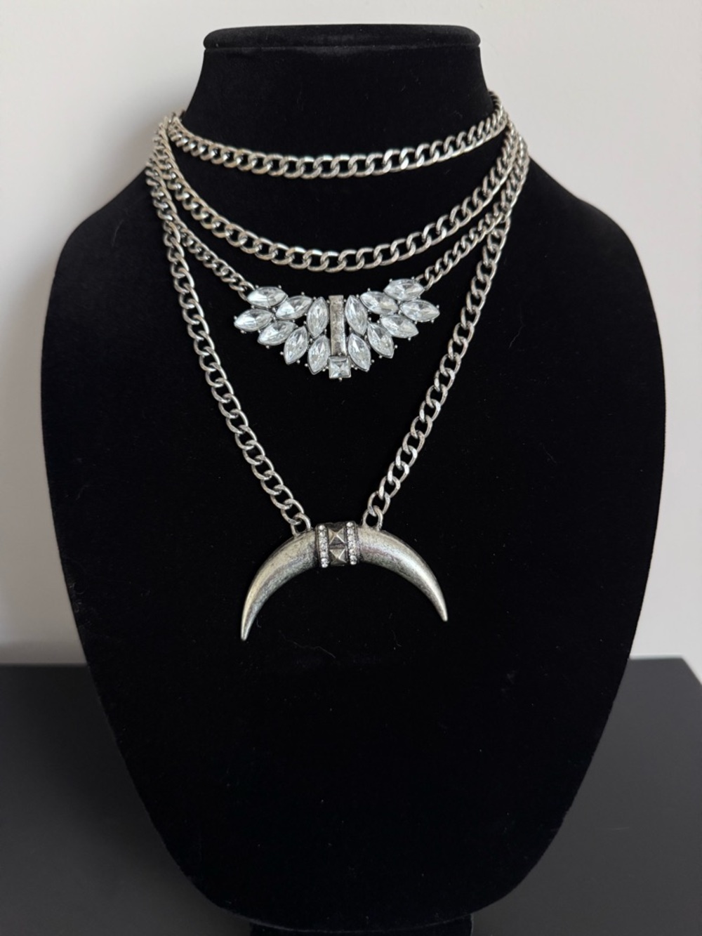 Silver Multi-Layer Crescent Pendant Necklace with Crystal Accent